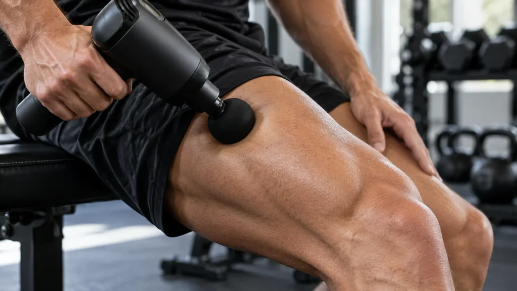 Utilisation de l'embout rond d'un pistolet de massage sur les quadriceps d'un sportif.