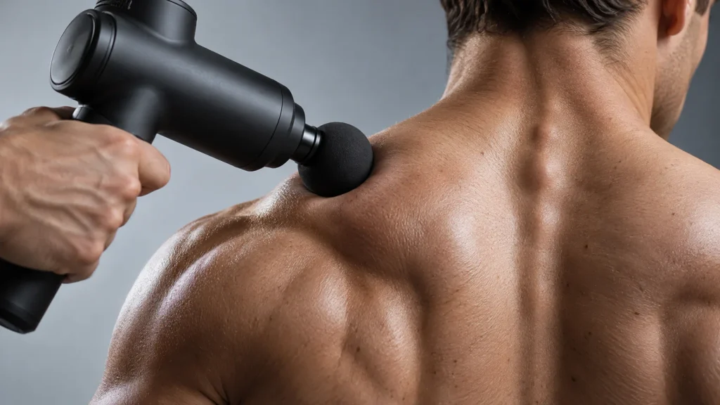 Gros plan sur l'embout souple en silicone d'un pistolet de massage appliqué sur le muscle du trapèze.