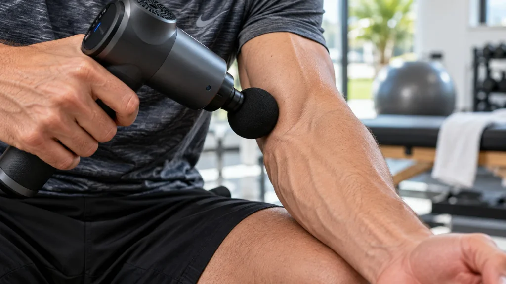Application d'un pistolet de massage sur les muscles de l'avant-bras à distance du coude.