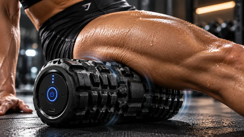 Gros plan sur la texture rainurée d'un rouleau de massage vibrant utilisé sur la cuisse d'un sportif.
