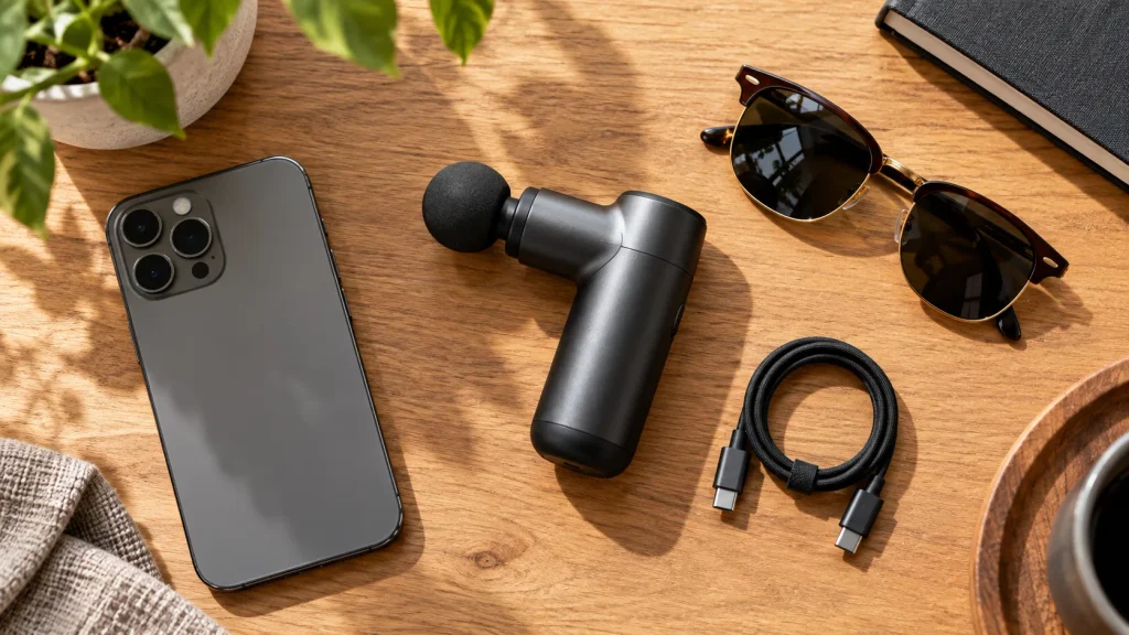 Un mini pistolet de massage posé à côté d'un smartphone et de lunettes de soleil pour illustrer sa taille compacte de poche.