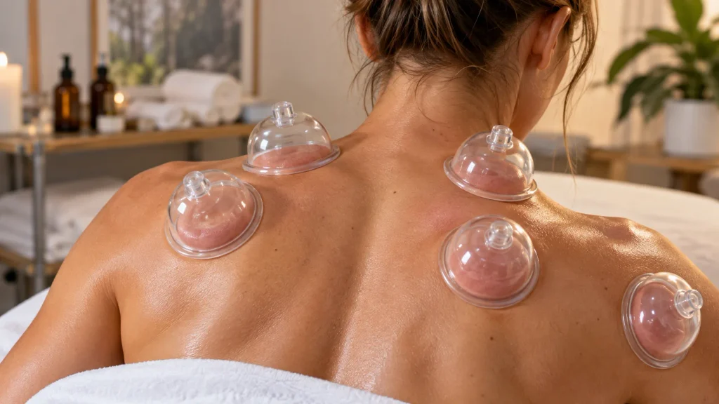 Application d'une ventouse de massage en silicone sur les trapèzes et le haut du dos.